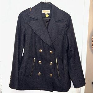 Michael Kors Womens Peacoat Coat Charcoal Gray Wool Blend Gold Buttons Size 12